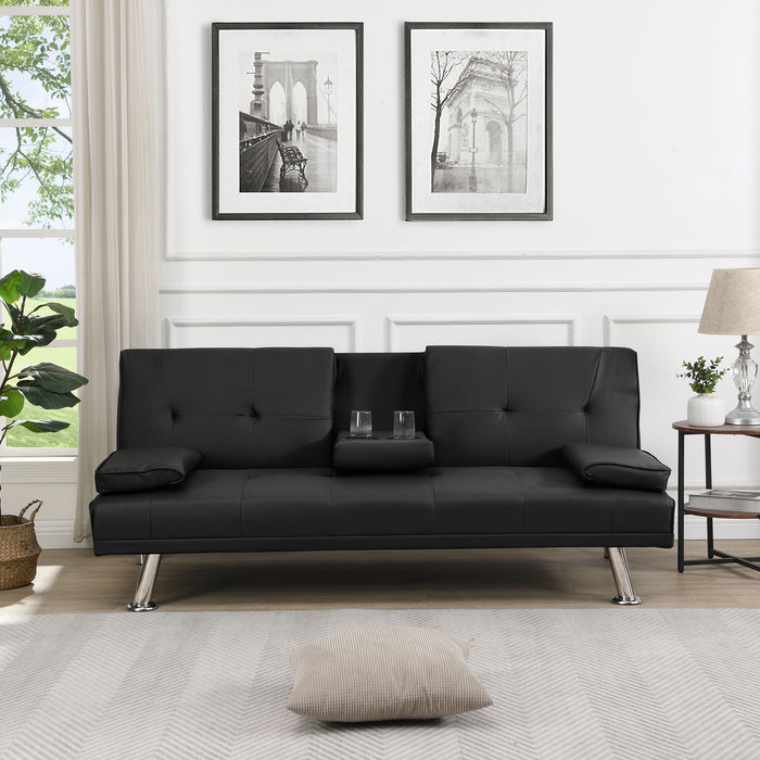 Sofa Bed With Armrest Two Holders Wood Frame, Stainless Leg, Futon Black PVC