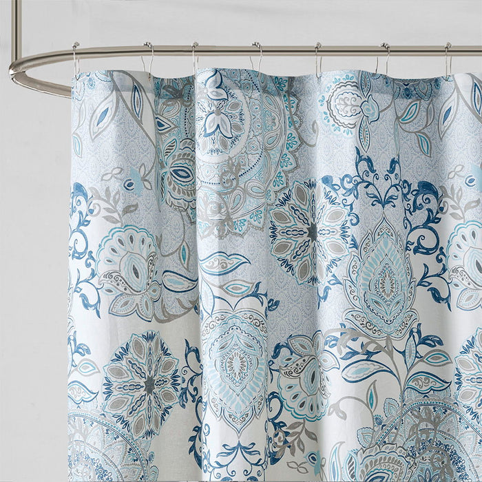Printed Cotton Shower Curtain, Blue