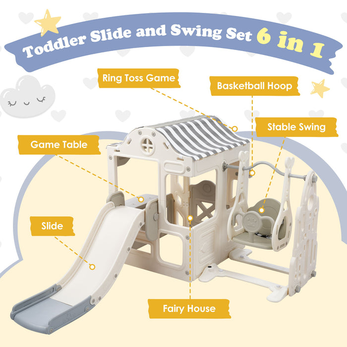 6 In 1 Toddler Slide And Swing Set, Kids Playground Climber Slide Playset With Fairy House, Freestanding Slide For Babies - Off-White / Grey