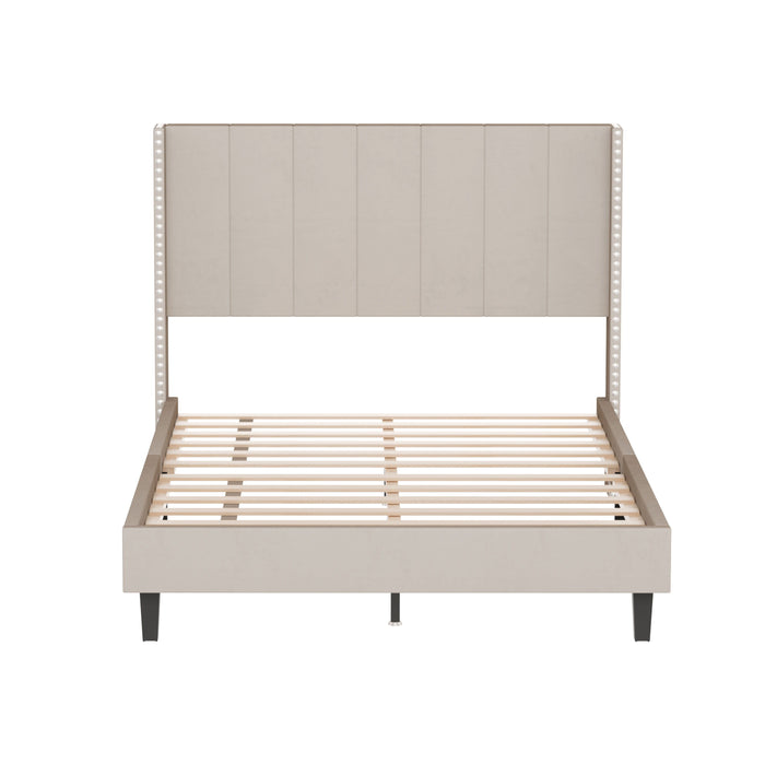 Velvet Upholstered Bed Frame With Vertical Channel Tufted Headboard, Modern Decorative Nailheads, Full Size Bed Frame Beige