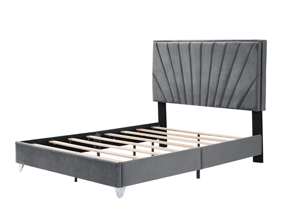 B108 Queen Bed Beautiful Line Stripe Cushion Headboard, Strong Wooden Slats And Metal Support Feet - Gray Flannelette