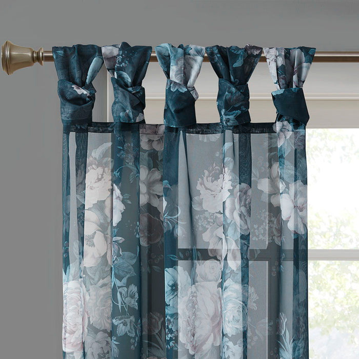 Printed Floral Twist Tab Top Voile Sheer Curtain Navy