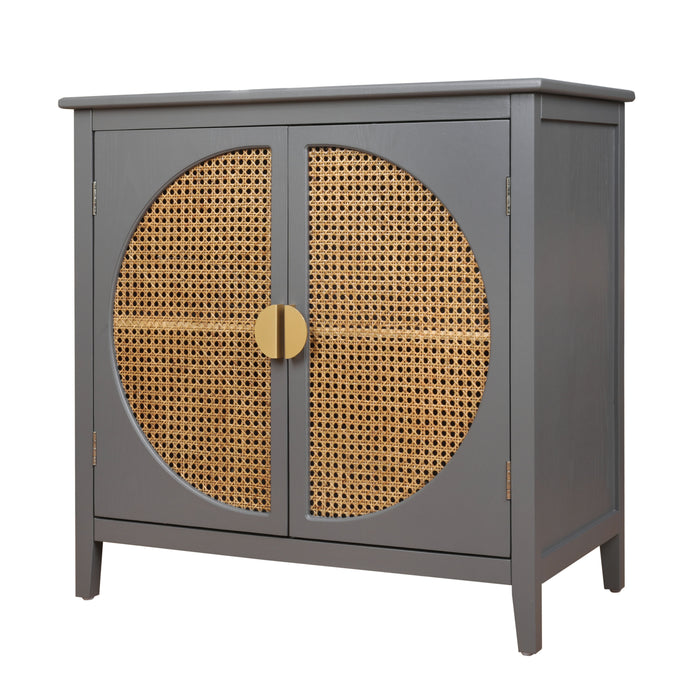 2 Door Cabinet With Semicircular Elements, Natural Rattan Weaving, Suitable For Multiple Scenes Such As Living Room, Bedroom, Study Room - Gray