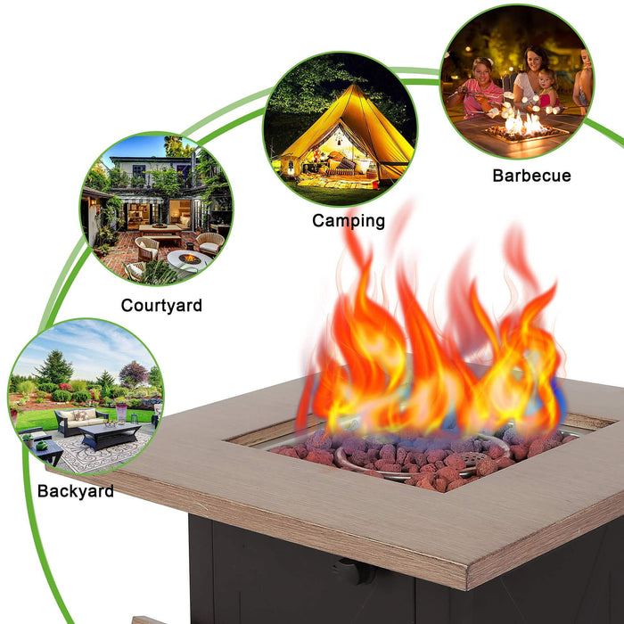 28Inch Outdoor Gas Fire Pit Table, 48, 000 Btu, Square Outdside Propane Patio Firetable, Etl Certification, Bionic Wood Grain Lid, For Backyard, Garden, Party, Deck, Courtyard