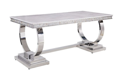 Zander - Dining Table - White Printed Faux Marble & Mirrored Silver Finish Unique Piece Furniture