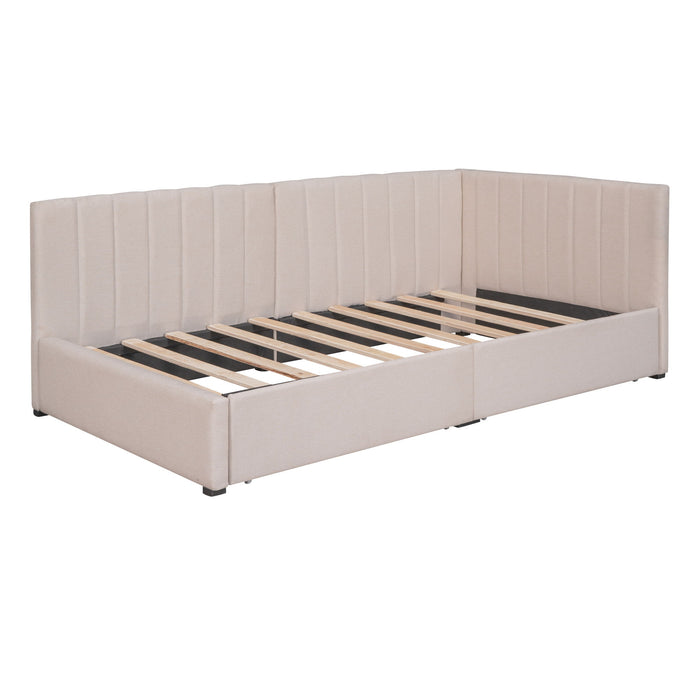 Upholstered Daybed With 2 Storage Drawers Twin Size Sofa Bed Frame No Box Spring Needed, Linen Fabric (Beige)