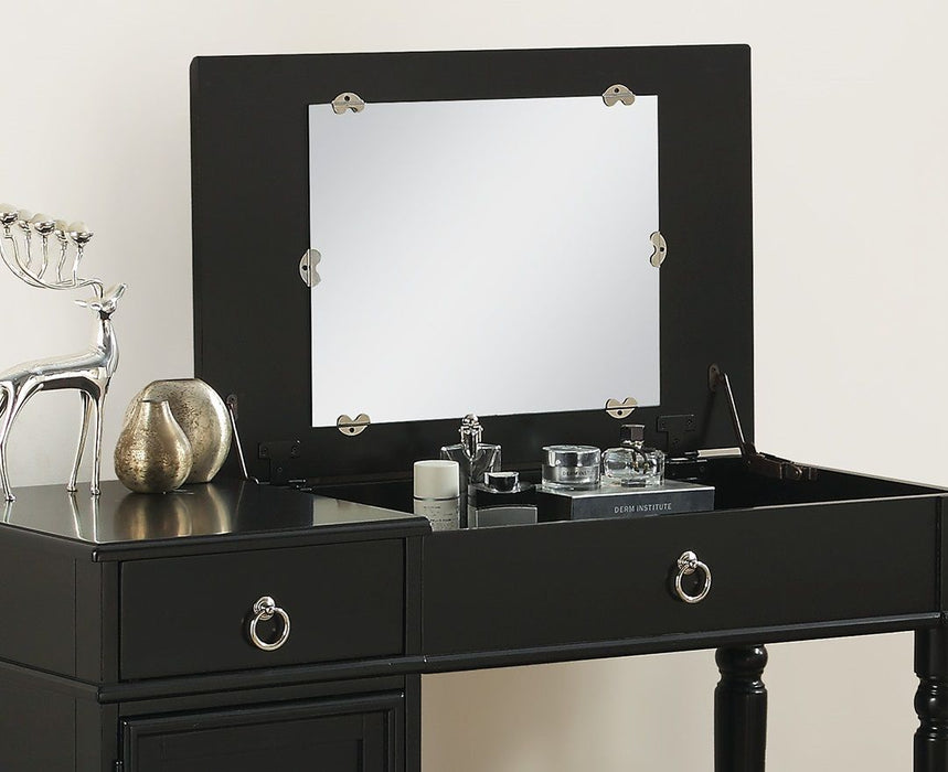 Bedroom Vanity Set Stool Open Up Mirror Storage Space Drawers Rubber Wood Ring Pull Handles Black Color Vanity