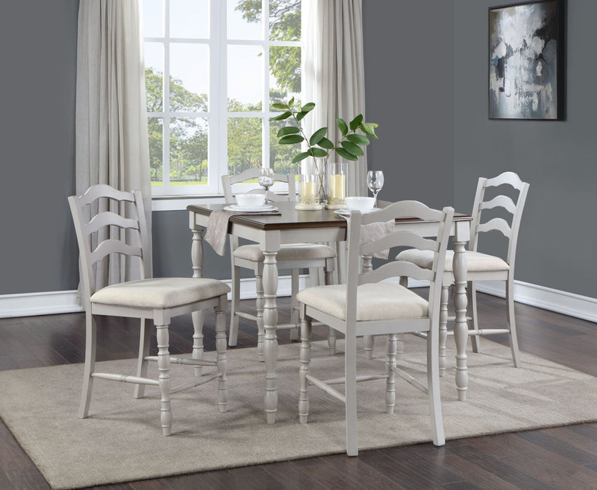 Acme Bettina 5 Pieces Counter Height Table Set Beige Fabric, Antique White & Weathered Oak Finish