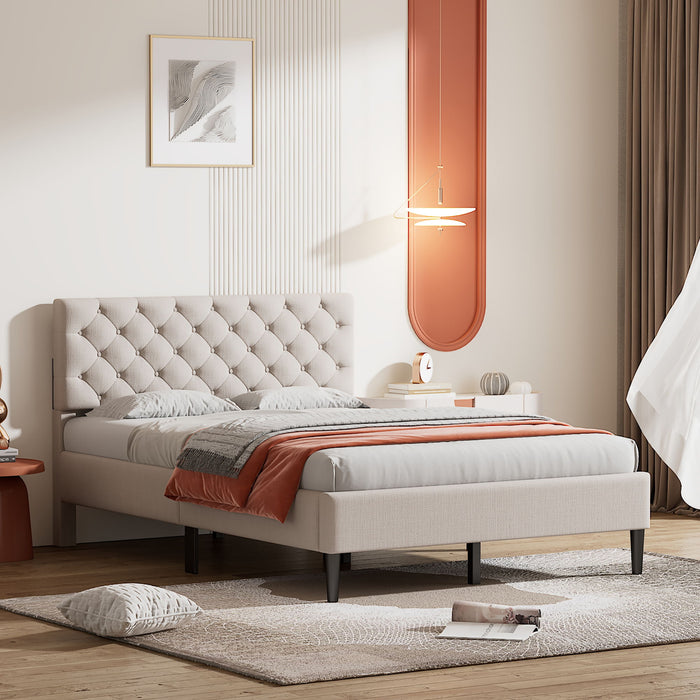 Upholstered Linen Platform Bed, Full Size, Beige