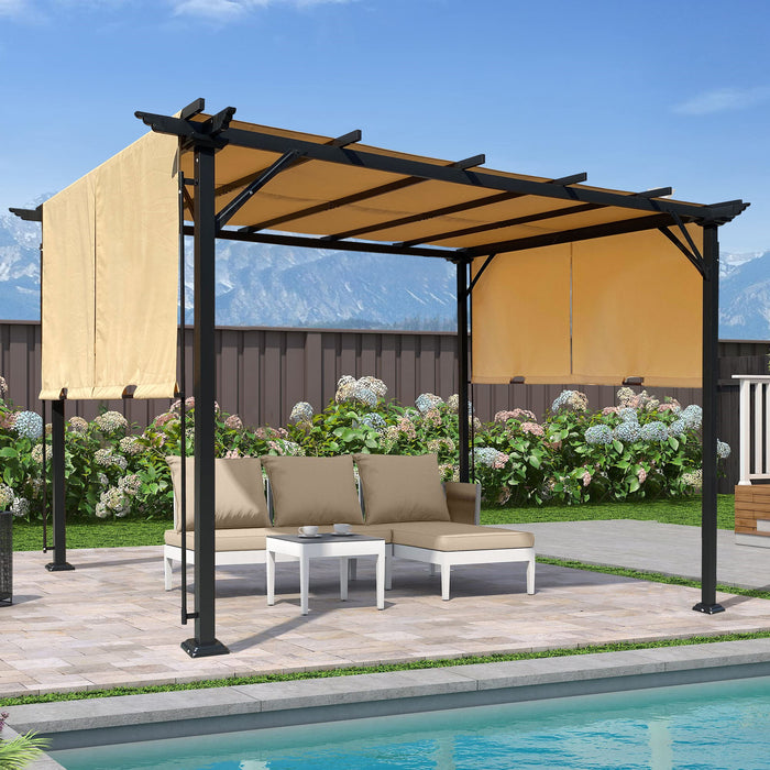Outdoor Pergola Patio Gazebo, Retractable Shade Canopy, Steel Frame Grape Gazebo, Sunshelter Pergola For Gardens, Terraces, Backyard - Khaki