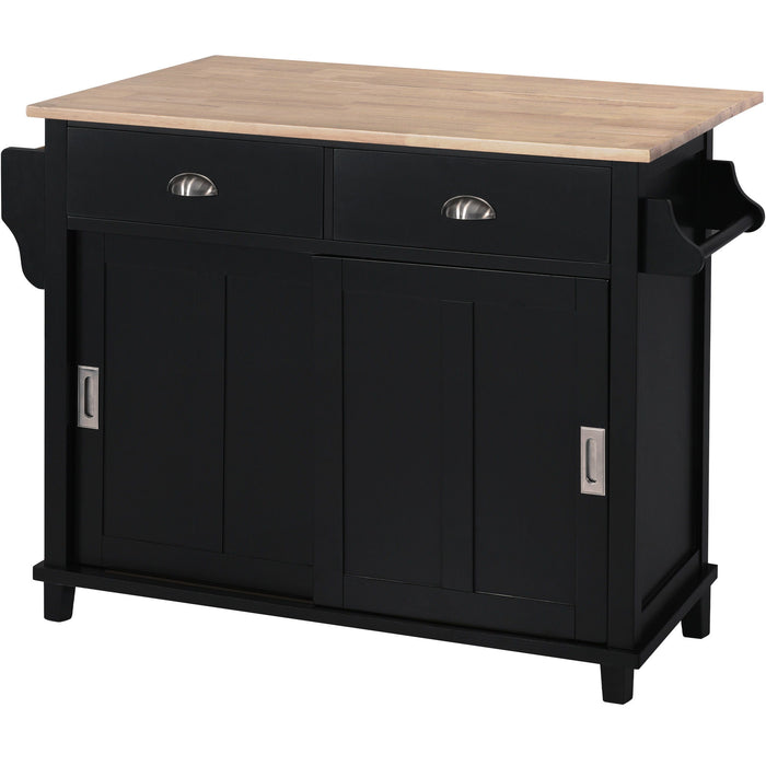 Kitchen Cart With Rubber Wood Drop - Leaf Countertop, Concealed Sliding Barn Door Adjustable Height, Kitchen Island On 4 Wheels With Storage Cabinet And 2 Drawers, L52.2Xw30.5Xh36.6", Black