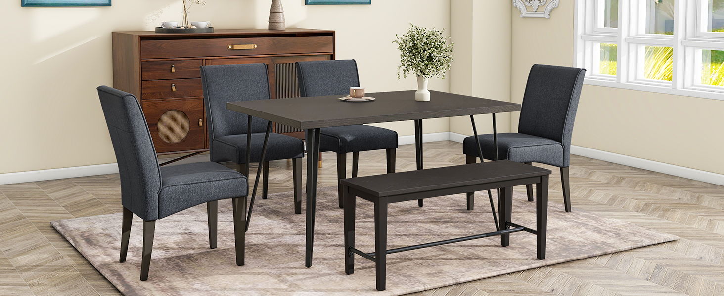 Top max Modern 6 Piece Dining Table Set With V-Shape Metal Legs, Wood Kitchen Table Set With 4 Upholstered Chairs And Bench For 6, Espresso
