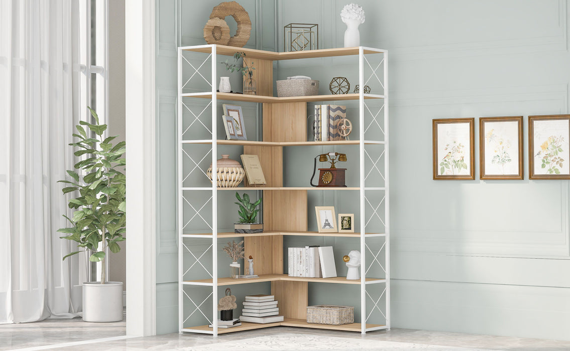 7 Tier Bookcase Home Office Bookshelf, Shaped Corner Bookcase With Metal Frame, Industrial Style Shelf With Open Storage, Mdf Board