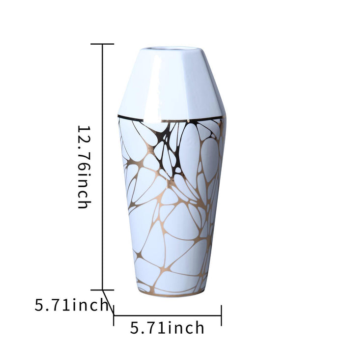 White Ceramic Vase With Gold Organic Accent Design - Elegant And Versatile Home Decor