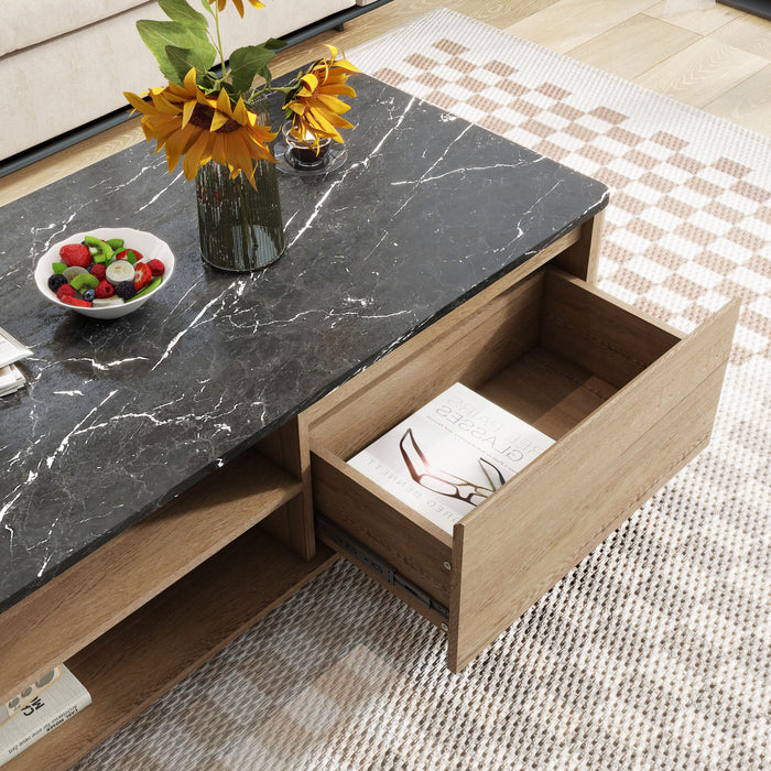 47 Inch Modern Farmhouse Double Drawer Coffee Table For Living Room Or Office, Tobacco Wood And Marble Texture