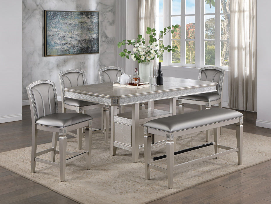Luxury Formal Glam Style 6 Pieces Counter Ht. Dining Set 12" Extendable Leaf Pedestal Shelf Table Upholstered Chair Bench Sparkling Accents Silver Champagne Finish Dining Room Furniture
