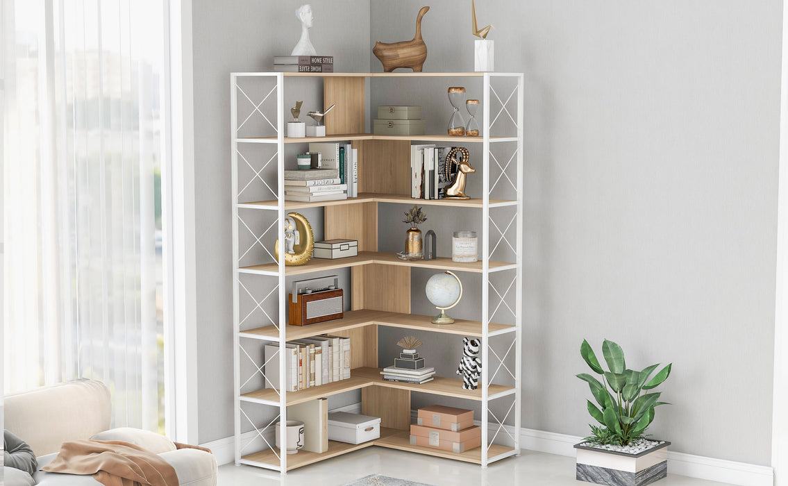 7 Tier Bookcase Home Office Bookshelf, Shaped Corner Bookcase With Metal Frame, Industrial Style Shelf With Open Storage, Mdf Board