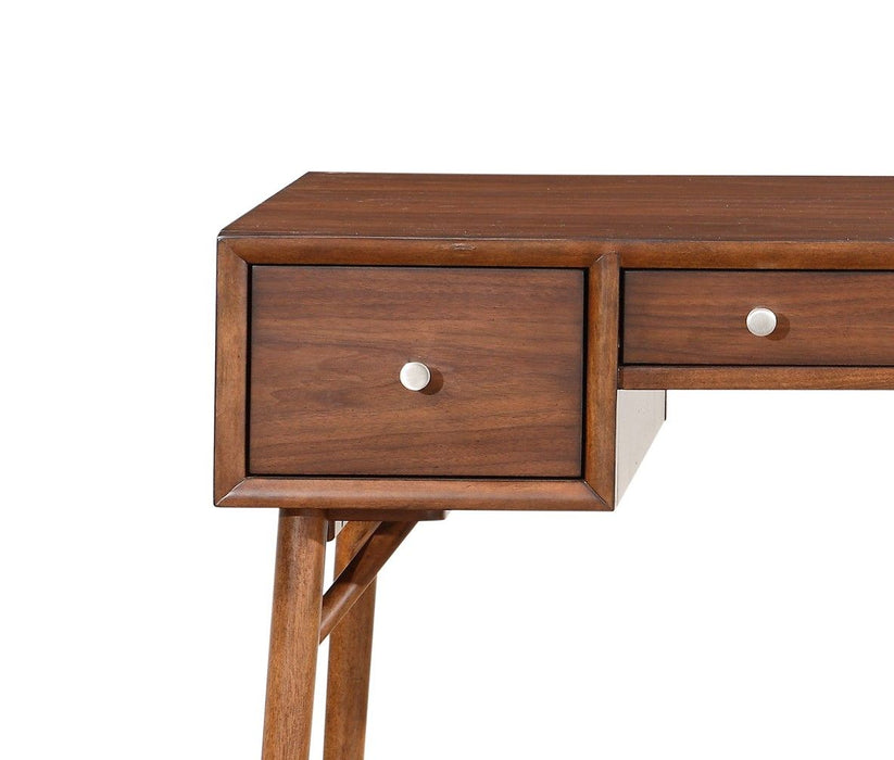 Modern Styling Counter Height Writing Desk Brown Finish Storage Drawers Nickel Knob Hardware Walnut Veneer Wood Furniture