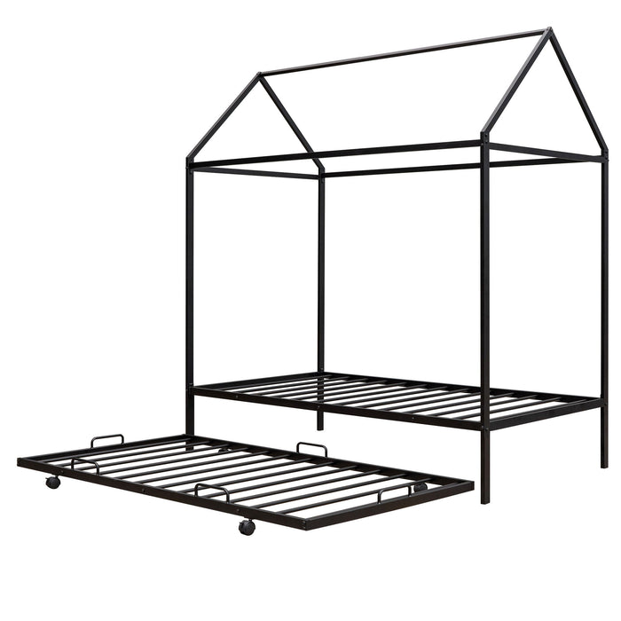 Twin Size Kids House Bed With Trundle, Metal House Bed Black