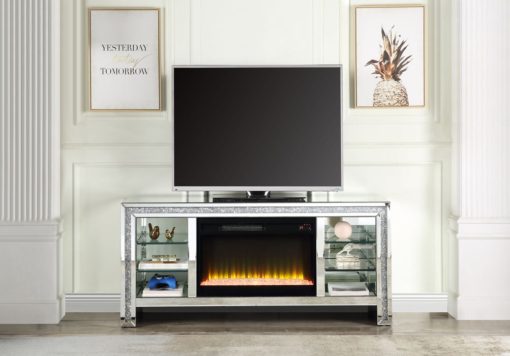 Acme Noralie TV Stand With Fireplace, Led Mirrored & Faux Diamonds