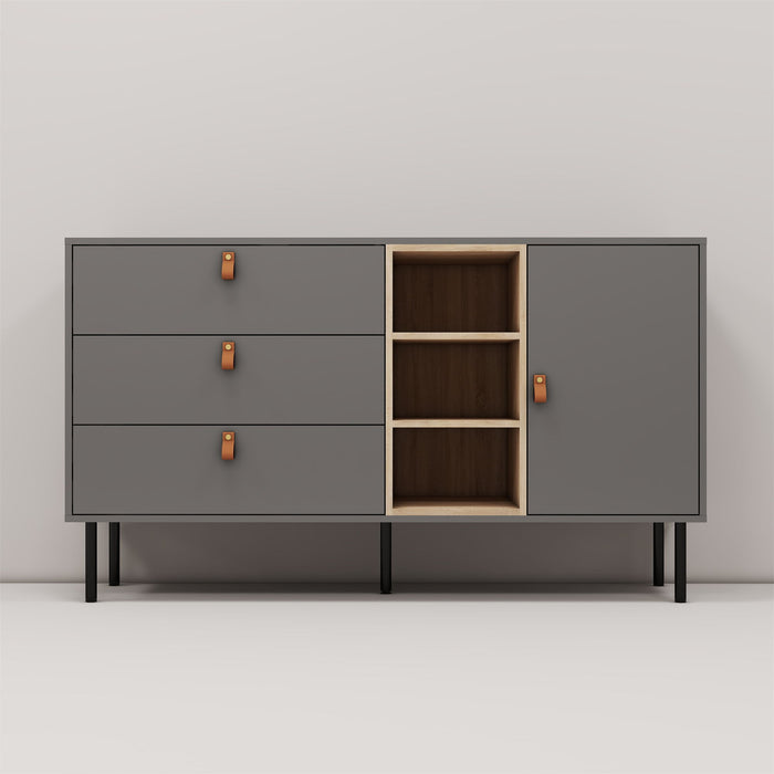 Modern Sideboard With Three Drawers, One Door And 3 Open Shelves