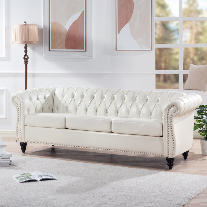 84.65" Rolled Arm Chesterfield 3 Seater Sofa - White