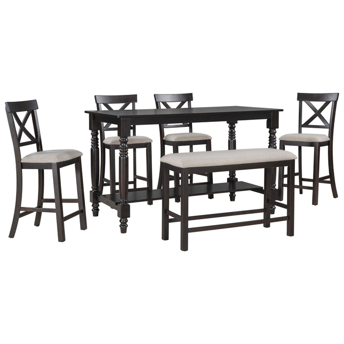 Trexm 6 Piece Counter Height Dining Table Set Table With Shelf 4 Chairs And Bench For Dining Room (Espresso)