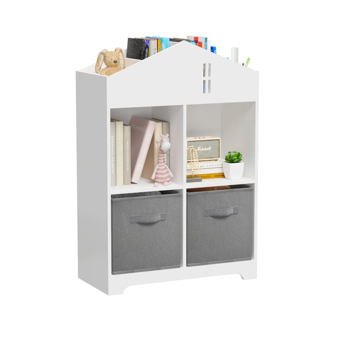 Kids Dollhouse Bookcase With Storage, 2-Tier Storage Display Organizer, Toddler Bookshelf With 2 Collapsible Fabric Drawers For Bedroom Or Playroom (White / Gray)