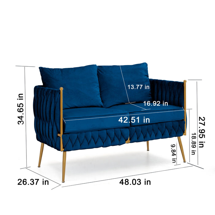 Mid Century Modern Velvet Loveseat Sofa Small Love Seats Handmade Woven & Golden Legs Comfy Couch For Living Room, Upholstered 2 Seater Sofa For Small Apartment, Blue Velvet