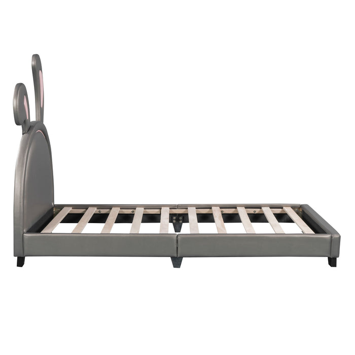 Twin Size Upholstered Leather Platform Bed With Rabbit Ornament, Gray