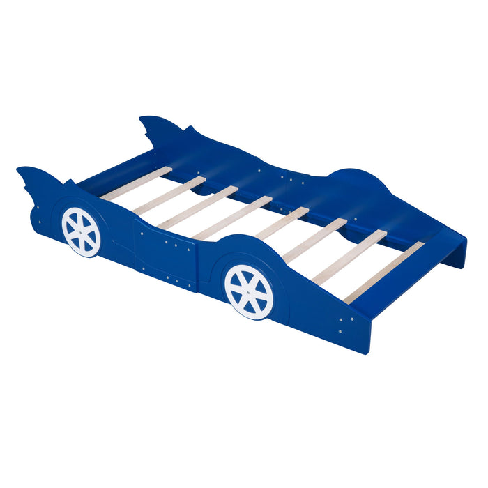 Twin Size Race Car-Shaped Platform Bed With Wheels, Blue