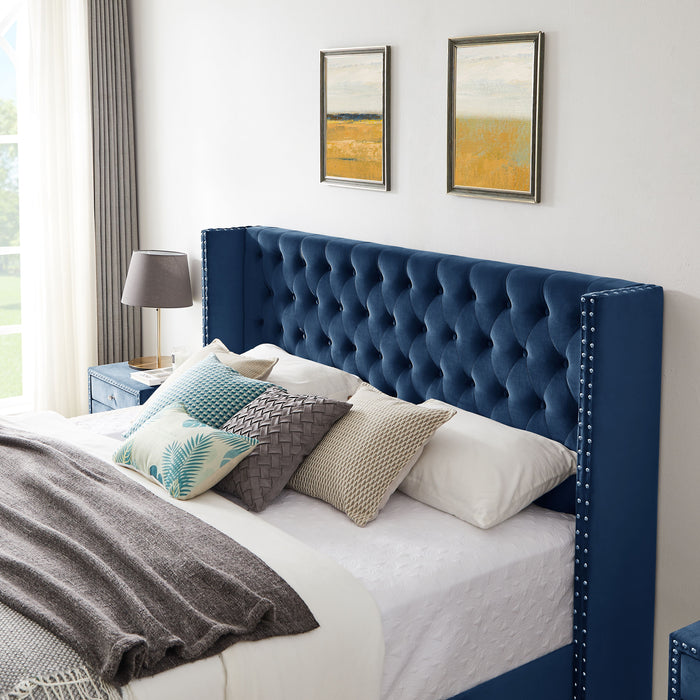 B100S King Bed, Button Designed Headboard, Strong Wooden Slats And Metal Legs With Electroplate - Blue
