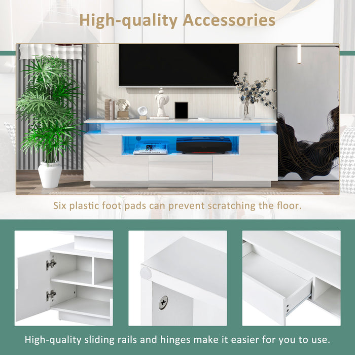 On Trend Modern, Stylish Functional TV Stand With Color Changing Led Lights, Universal Entertainment Center, High Gloss TV Cabinet For 75 / Inch Tv, White
