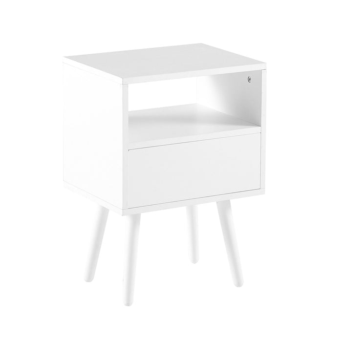 Rattan End Table With Drawer And Solid Wood Legs, Modern Nightstand, Side Table For Living Roon, Bedroom, White