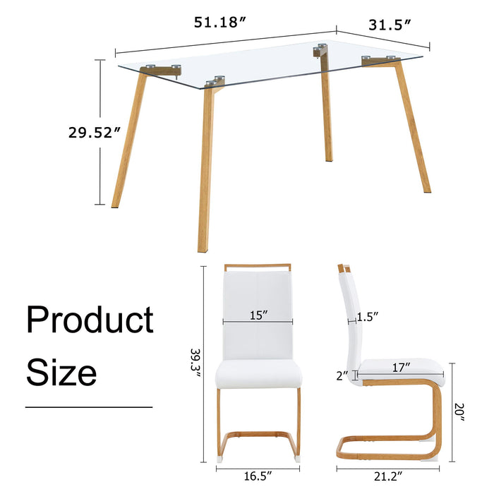 Table And Chair Set 1 Table And 4 White Chairs Glass Dining Table With Tempered Glass Tabletop And Metal Legs PU Leather High Back Upholstered Chair With Wood Color C-Tube Metal Leg