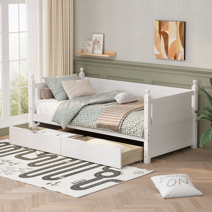 Twin Size Solid Wood Daybed With 2 Drawers For Limited Space Kids, Teens, Adults, No Need Box Spring, White