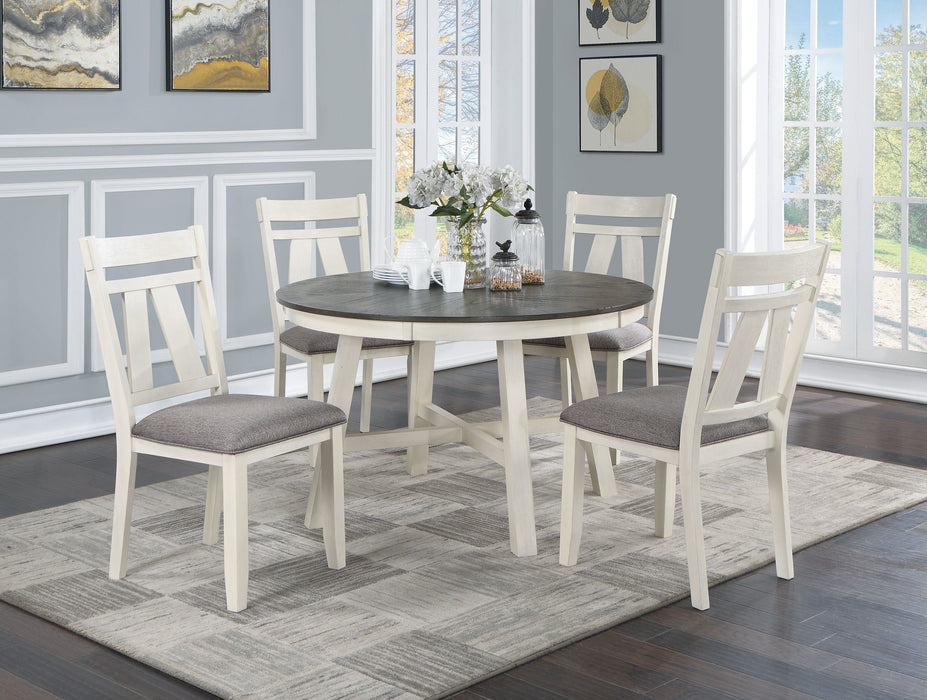Dining Room Furniture 5 Pieces Dining Set Round Table And 4 Side Chairs Gray Fabric Cushion Seat White Clean Lines Wooden Table Top