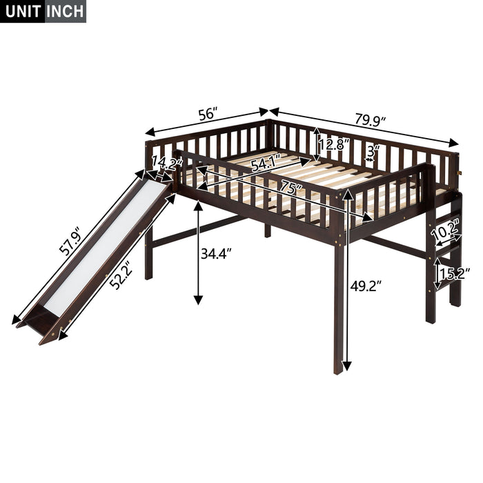 Full Size Low Loft Bed With Ladder And Slide, Espresso