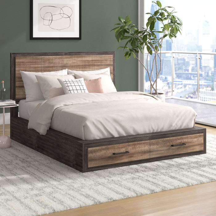 Contemporary Style Footboard Storage Queen Bed 1 Piece Natural Wood Grain Look Drawers Two-Tone Finish Stylish Bedroom Furniture