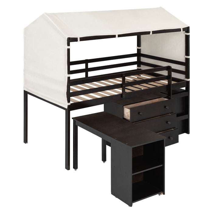 Twin Size Loft Bed With Rolling Cabinet, Shelf And Tent - Espresso