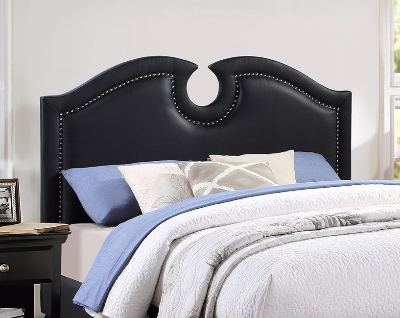 Black Faux Leather Unique Design Headboard 1 Piece Queen Size Bed Bedroom Furniture Nailhead Upholstered Modern Bedframe