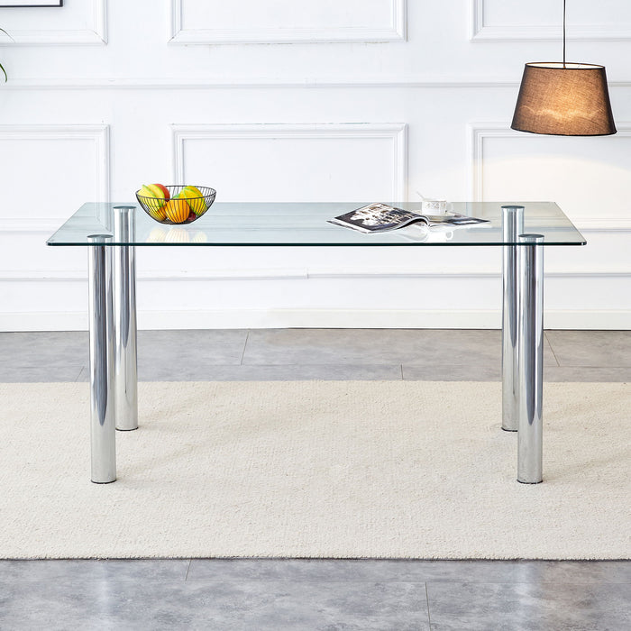 A Modern Minimalist Style Glass Dining Table, Transparent Tempered Glass Tabletop With A Thickness Of 0.3 Feet And Silver Metal Legs, Suitable For Restaurants And Living Rooms