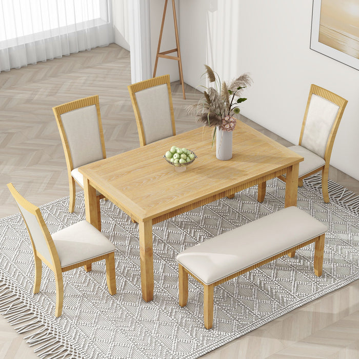 Top max Rustic Solid Wood 6 Piece Dining Table Set, PU Leather Upholstered Chairs And Bench, Natural Wood Wash