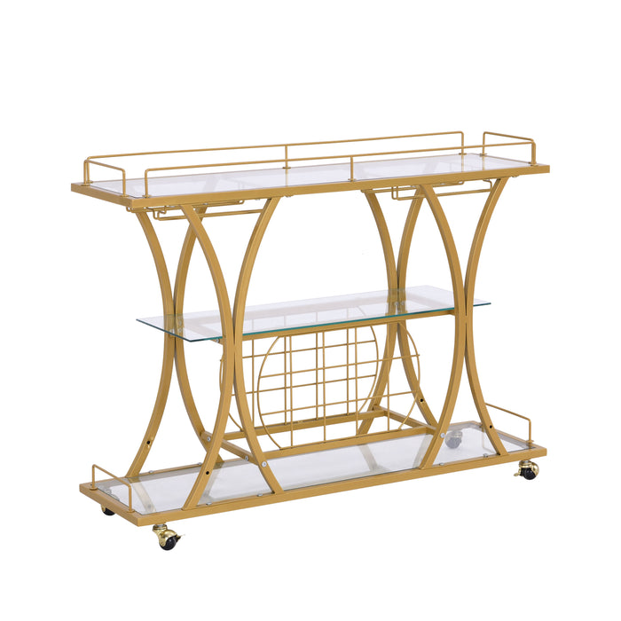 Golden Bar Cart With Wine Rack Tempered Glass Metal Frame Wine Storage