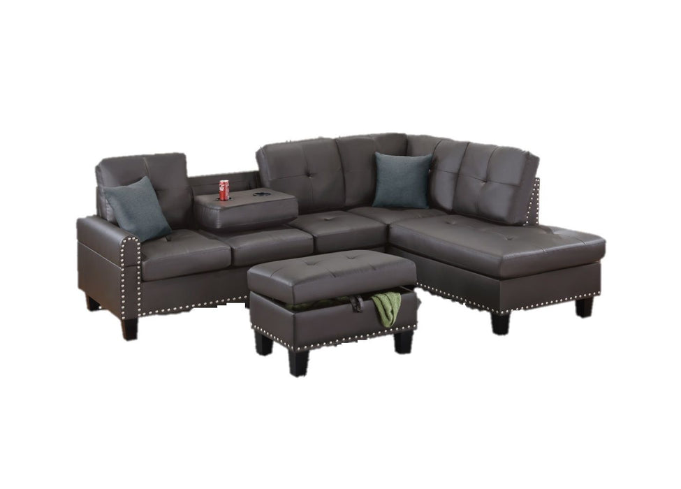 Espresso Faux Leather Living Room Furniture 3 Pieces Sectional Sofa Set LAF Sofa RAF Chaise And Storage Ottoman Cup Holder Couch