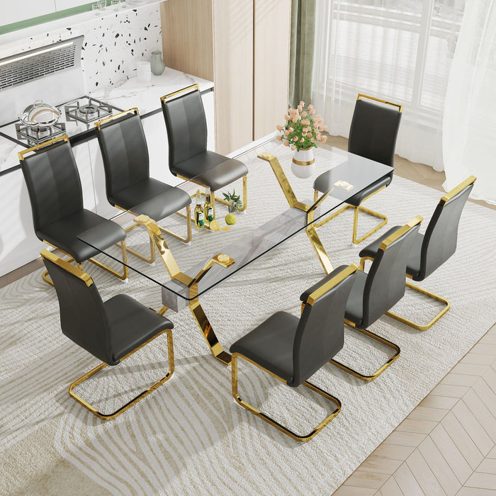 1 Table And 8 Chairs Modern Simple Luxury Tempered Glass Rectangular Dining Table And Desk With 8 Black PU Gold Plated Leg