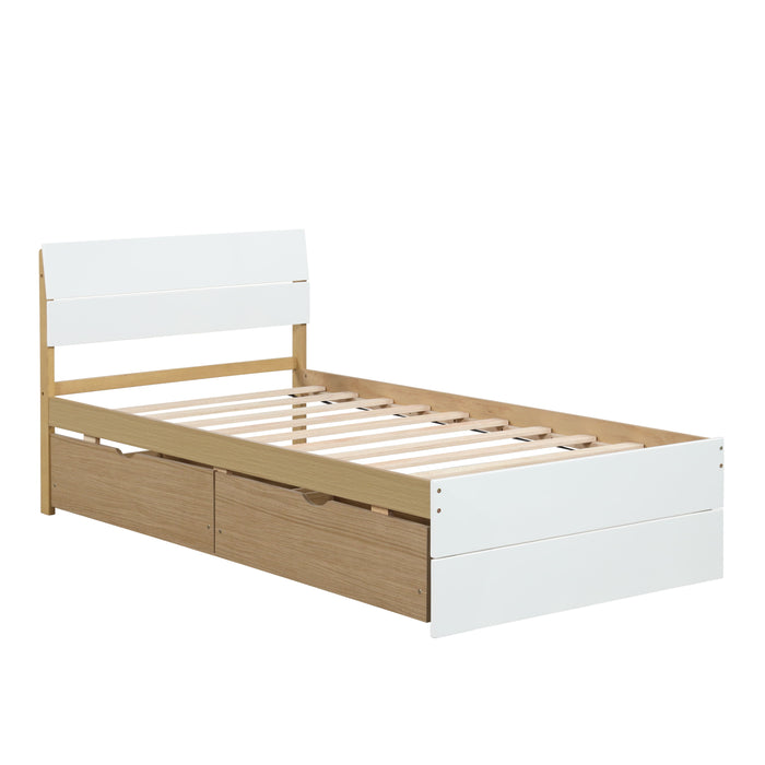 Modern Twin Bed Frame With 2 Drawers For White High Gloss With Light Oak Color