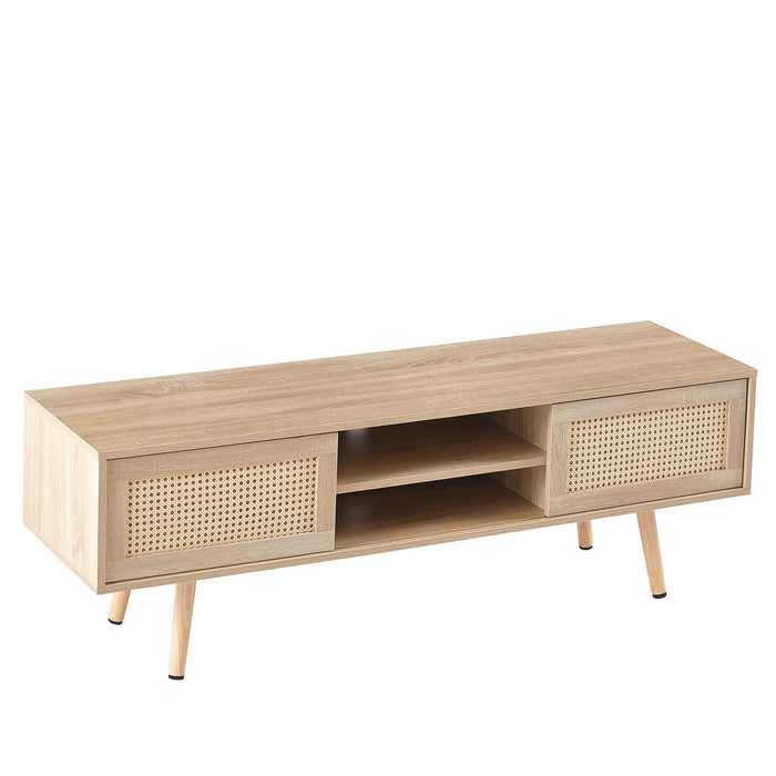 Rattan TV Cabinet, Double Sliding Doors For Storage, Adjustable Shelf, Solid Wood Legs, TV Console For Living Room, Natural