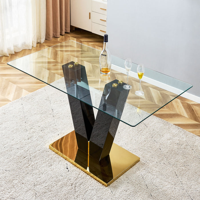 Large Modern Minimalist Rectangular Glass Dining Table For 6-8 With 0.39" Tempered Glass Tabletop And Mdf Slab V-Shaped Bracket, For Kitchen Dining Living Meeting Room Banquet Hall