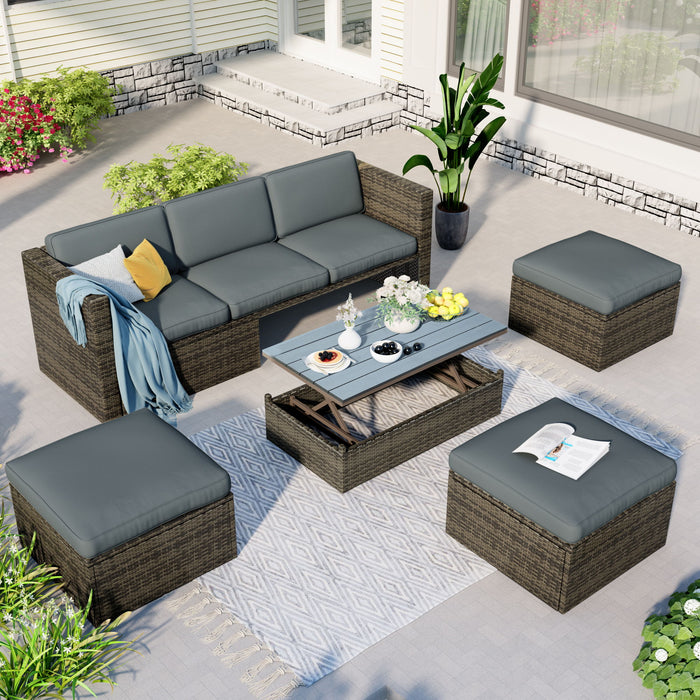 U_Style Patio Furniture Sets, 5 Piece Patio Wicker Sofa With Adustable Backrest, Cushions, Ottomans And Lift Top Coffee Table - Gray